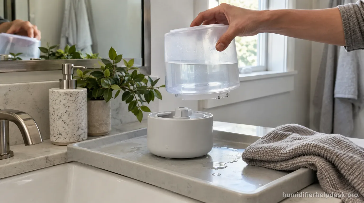 Illustrative hand lifting a water tank away from a compact ultrasonic humidifier base where water has spilled onto the tray