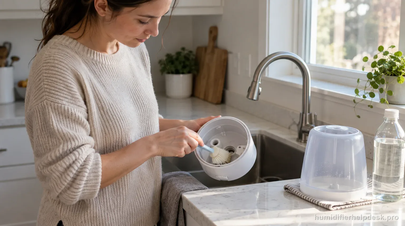 Illustrative person brushing the inside of a small ultrasonic humidifier tank at a kitchen sink with a bottle of white vinegar nearby