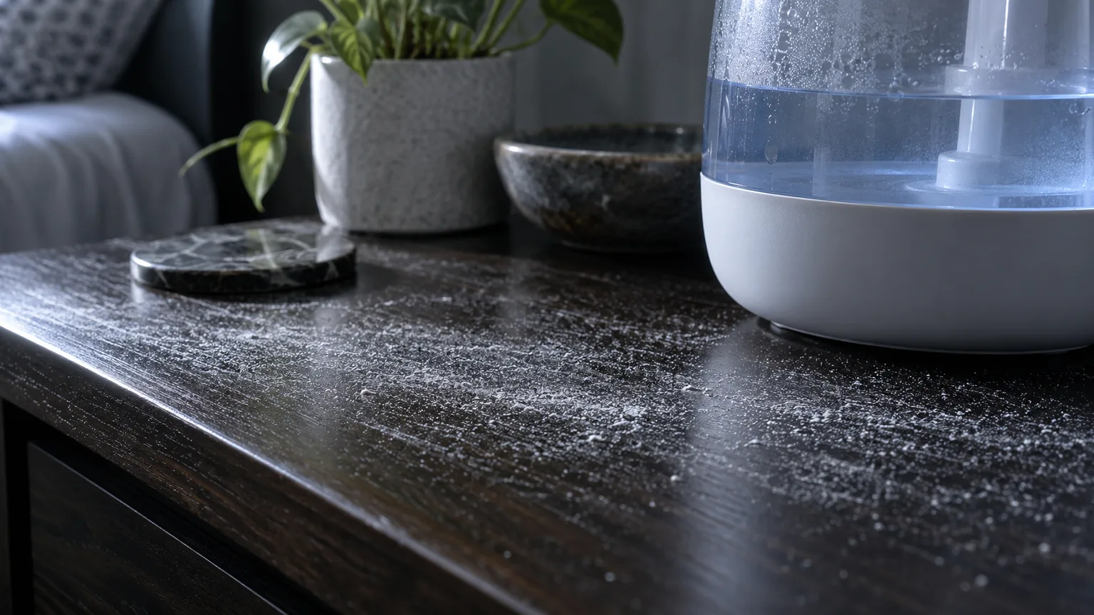 Illustrative fine white mineral dust visible on a dark wood table beside a cool-moisture humidifier