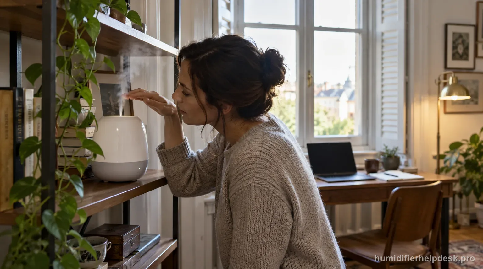 Illustrative person checking the top nozzle of a compact rounded ultrasonic humidifier on a shelf while a power light glows