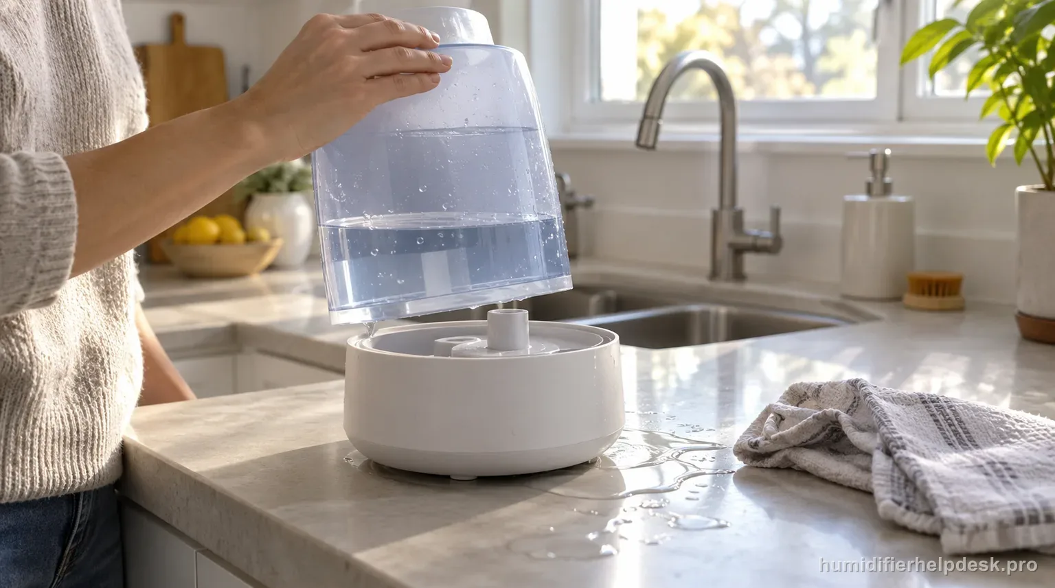 Illustrative hand lifting a water tank away from a compact rounded ultrasonic humidifier base where water has spilled onto the tray