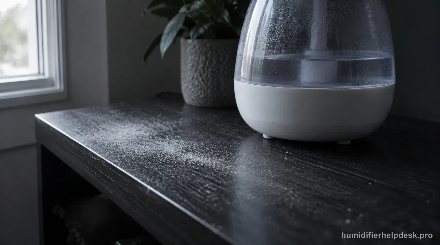 Illustrative fine layer of white mineral dust visible on a dark shelf beside a compact rounded ultrasonic humidifier