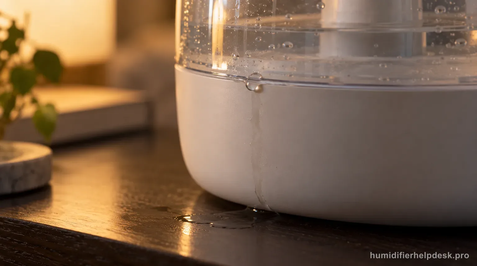 Illustrative macro view of a water droplet beading along the seam where the reservoir joins the base of a compact ultrasonic humidifier with a wet trail running down