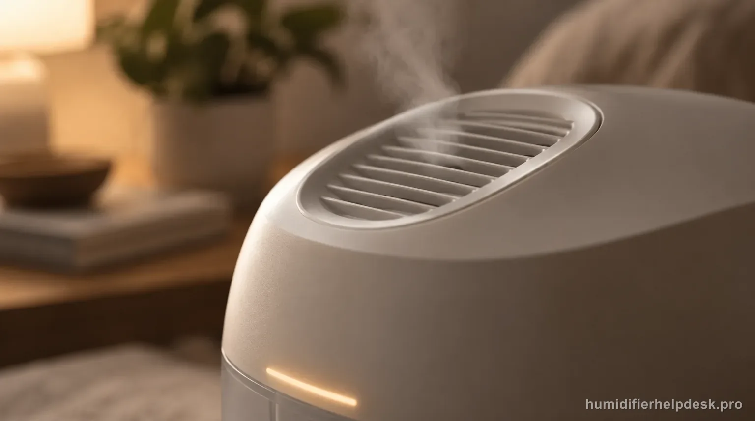 Illustrative close-up of the angled mist-outlet grille of a compact ultrasonic humidifier with only a thin faint vapor drifting out