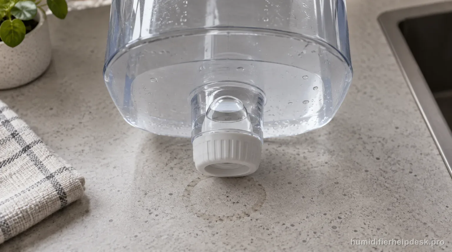 Illustrative overhead view of a clear humidifier tank turned upside down on a counter with a trapped air bubble in the neck and cap