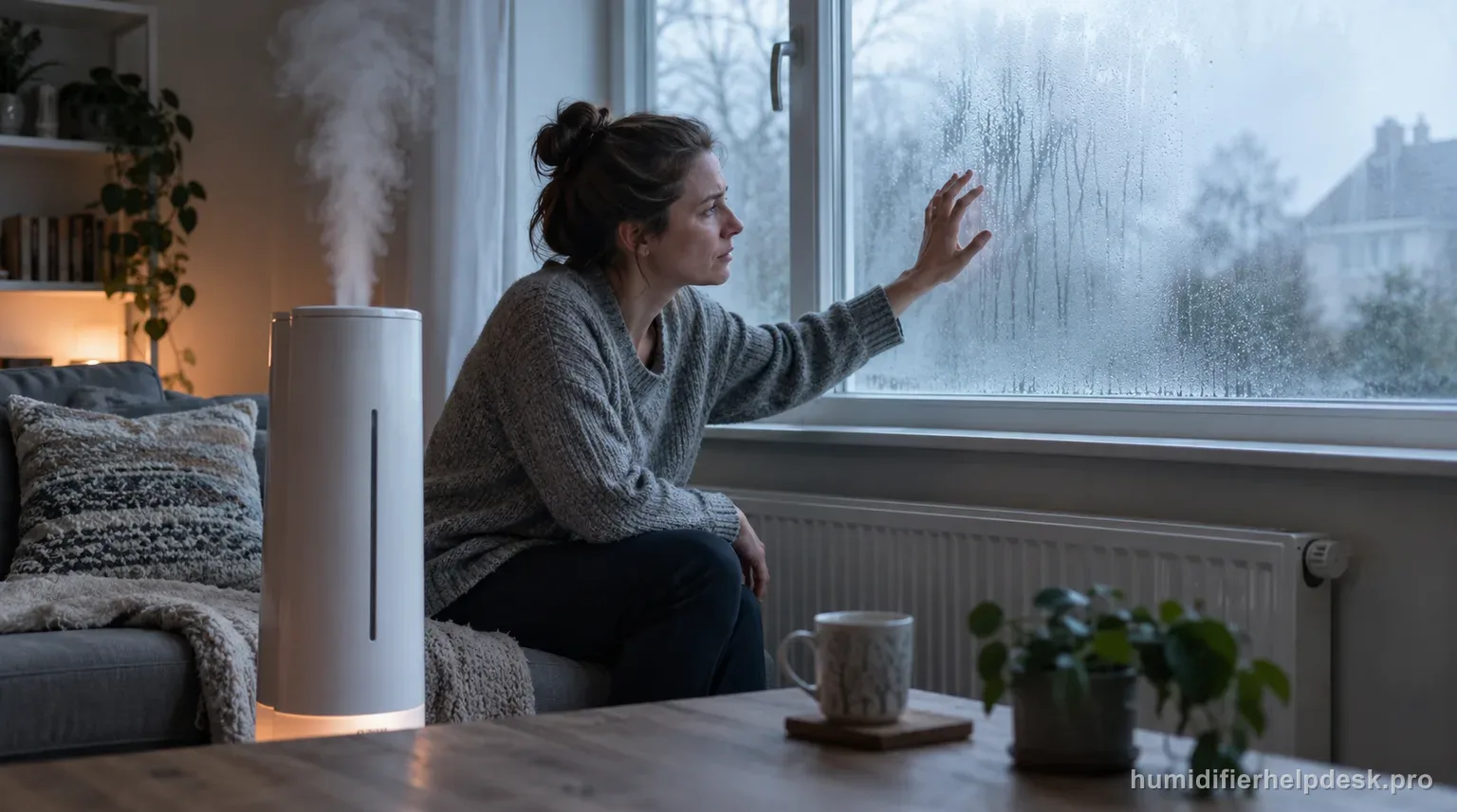 Illustrative person touching a fogged window beside a tall warm-moisture humidifier tower in a living room