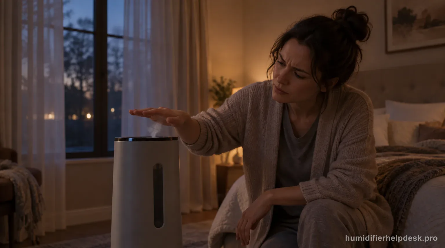 Illustrative person feeling for warmth above the steam vent of a tall warm-moisture humidifier tower with only a faint wisp visible