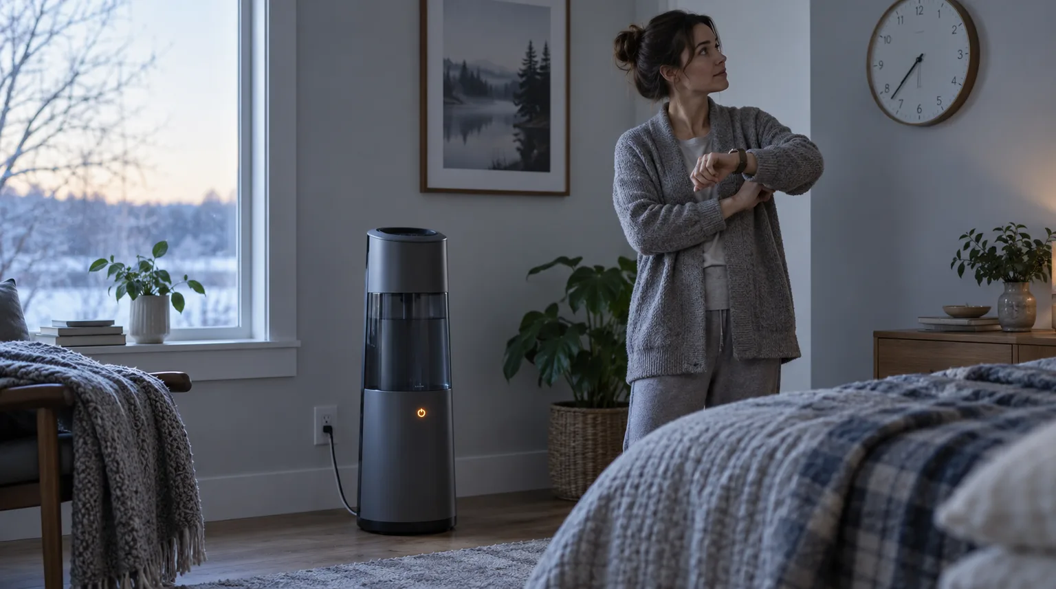 Illustrative a tall warm-moisture humidifier tower plugged in with its power light lit while someone waits nearby