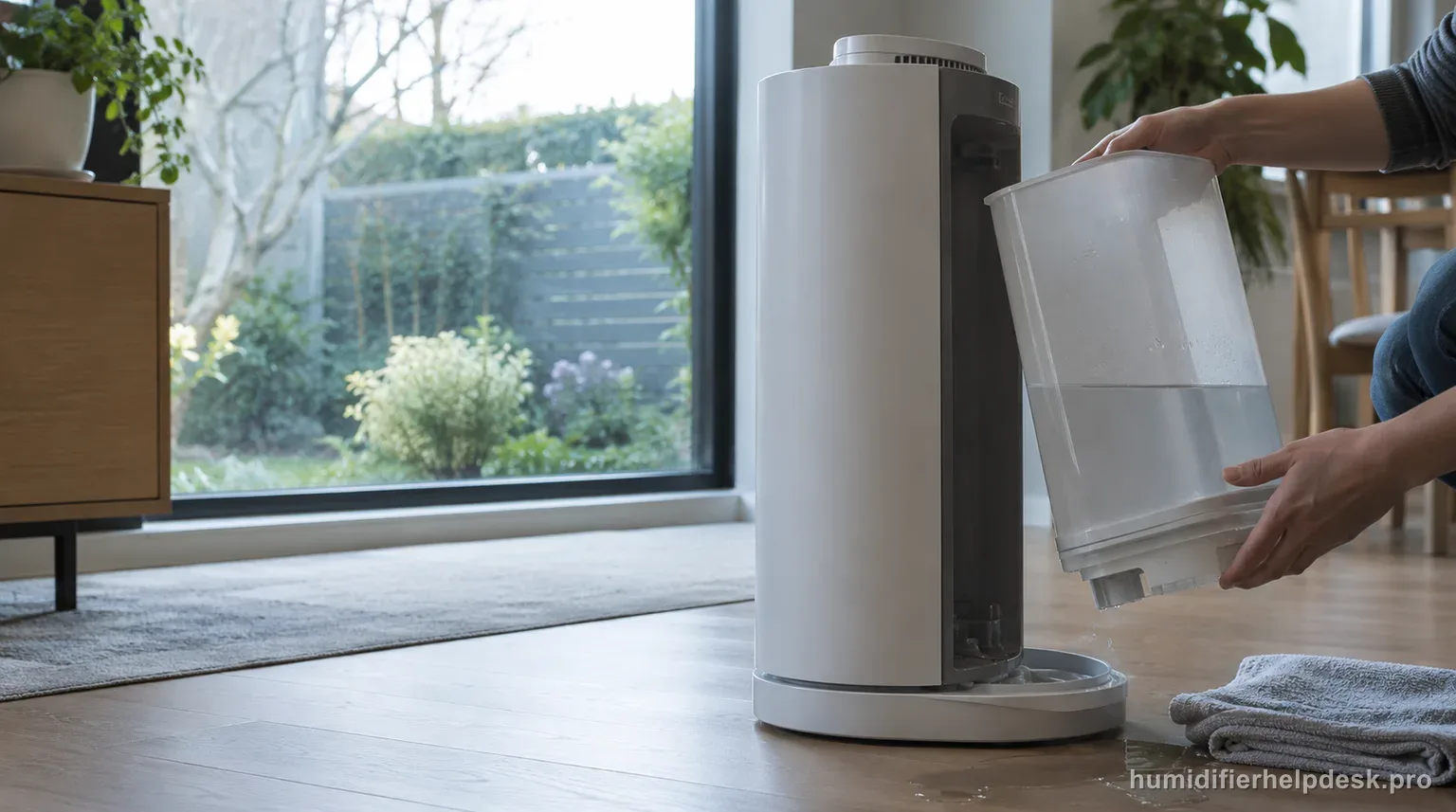 Illustrative hand lifting a water tank away from a tall warm-moisture humidifier tower where water has spilled onto the tray