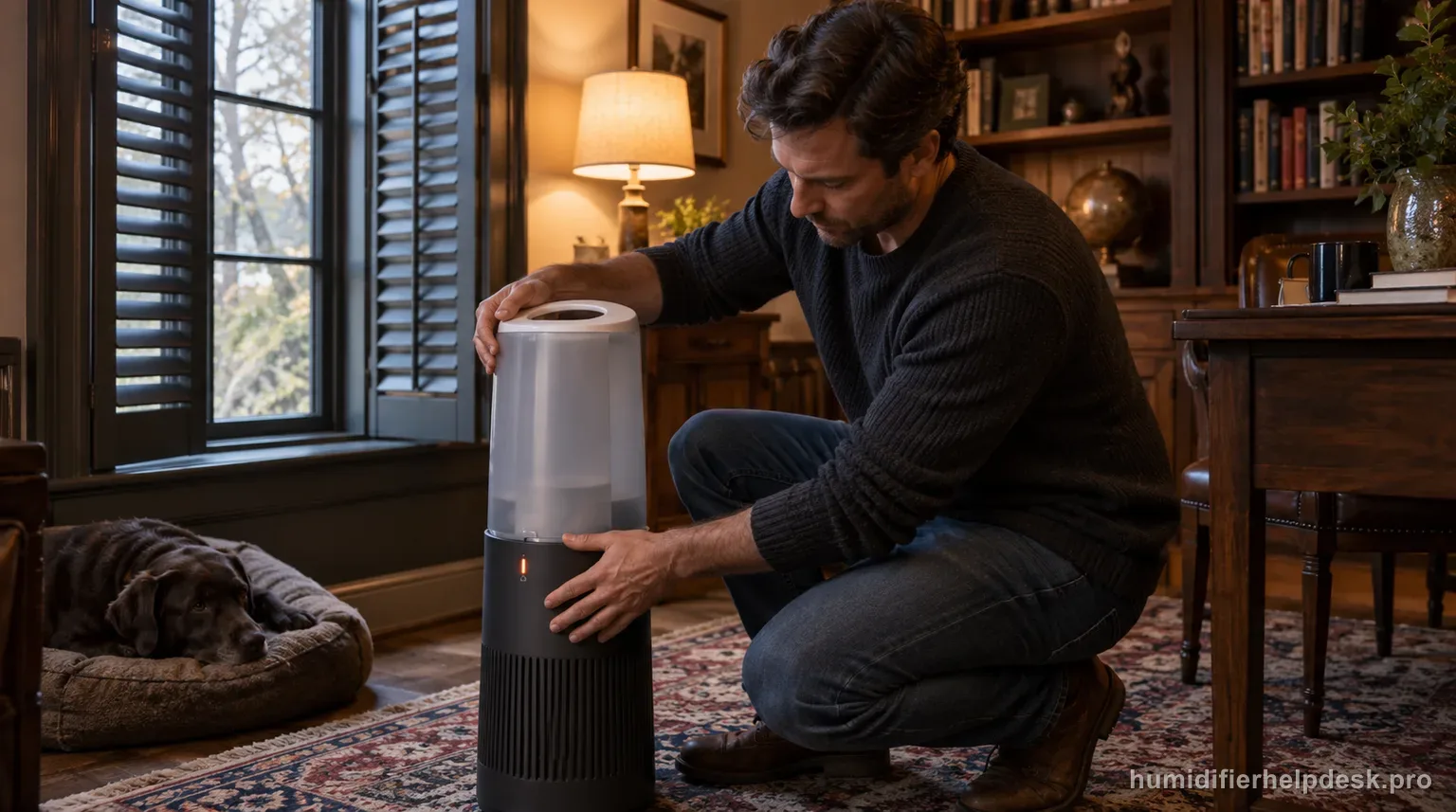 Illustrative person reseating the tank on a tall warm-moisture humidifier tower with a small indicator light still glowing
