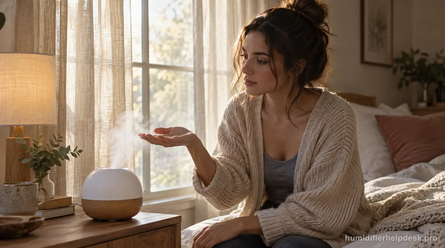Illustrative person feeling for mist near the spout of a small rounded ultrasonic humidifier on a bedside table
