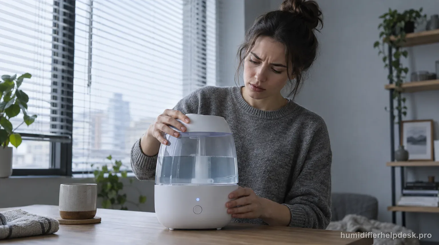 Illustrative person reseating the tank on a small rounded ultrasonic humidifier while a small indicator light stays lit and the tank is full