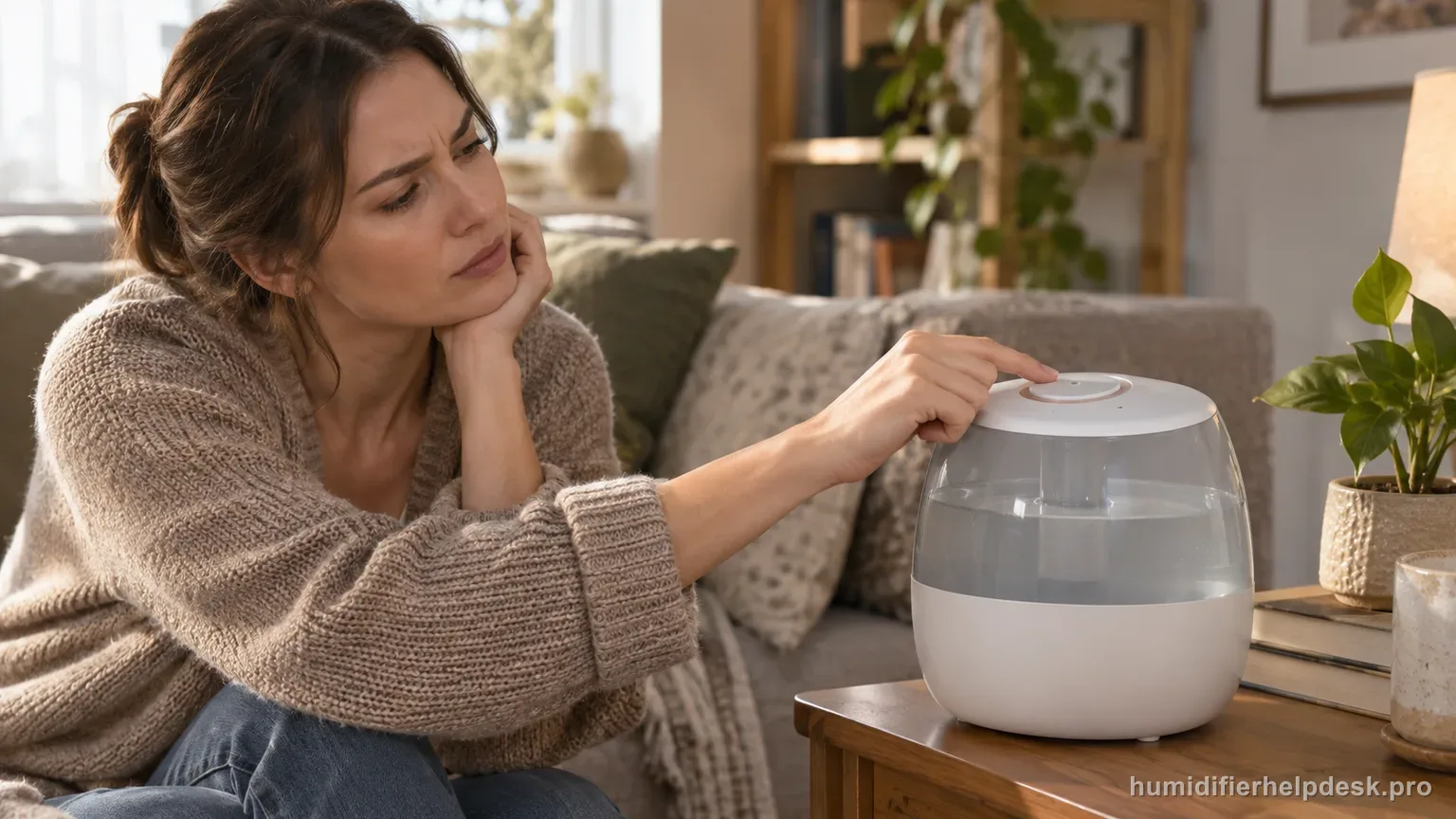 Illustrative hand pressing the top control ring of a rounded top-fill humidifier while checking the auto-mode setting