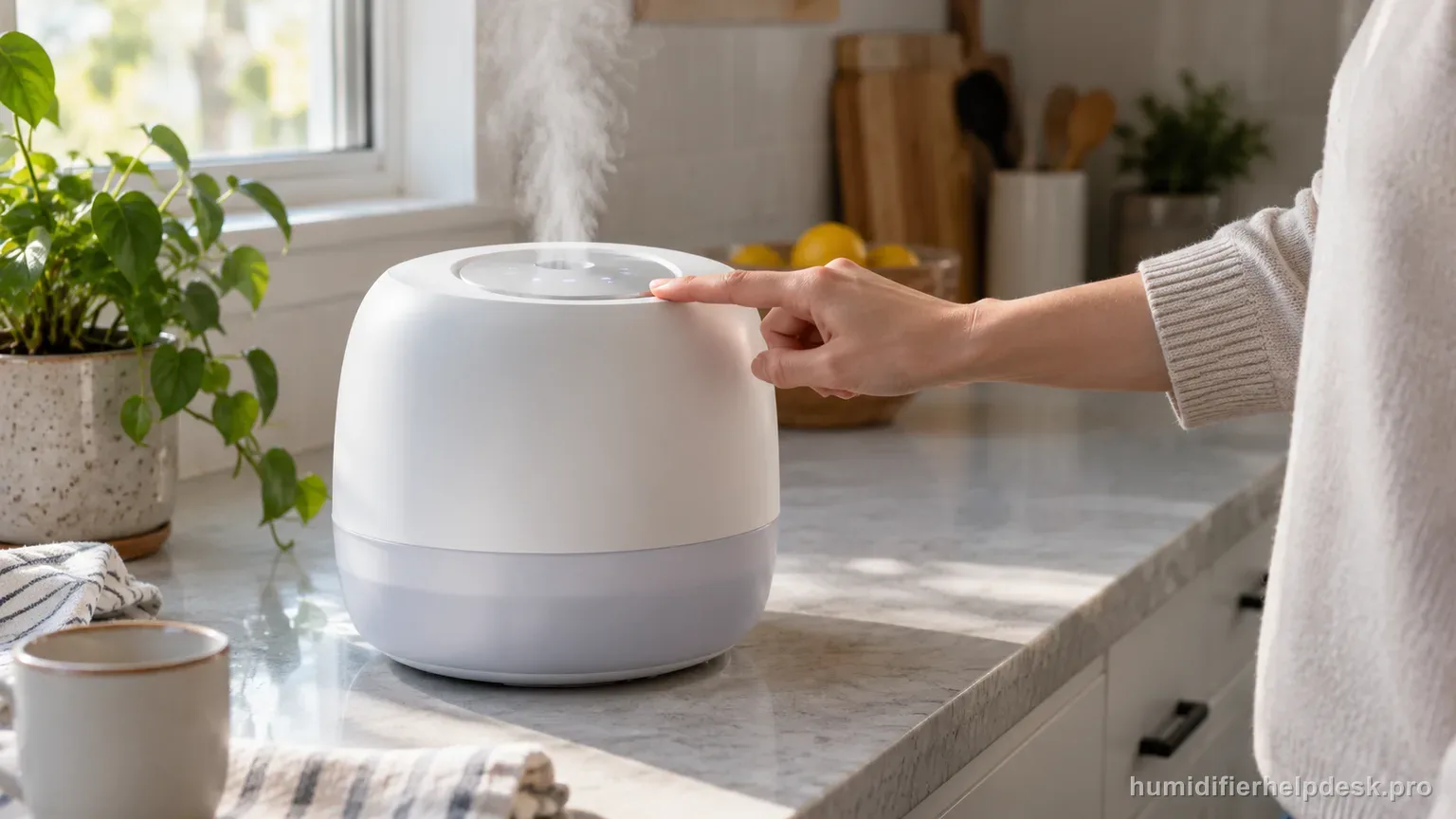 Illustrative hand pointing at a small illuminated display on top of a rounded top-fill humidifier