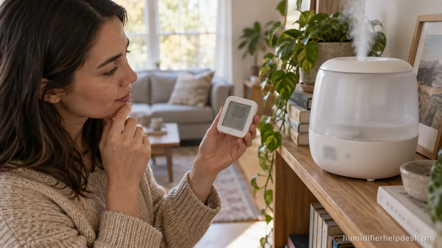 Illustrative handheld hygrometer held beside a rounded top-fill humidifier to compare humidity readings