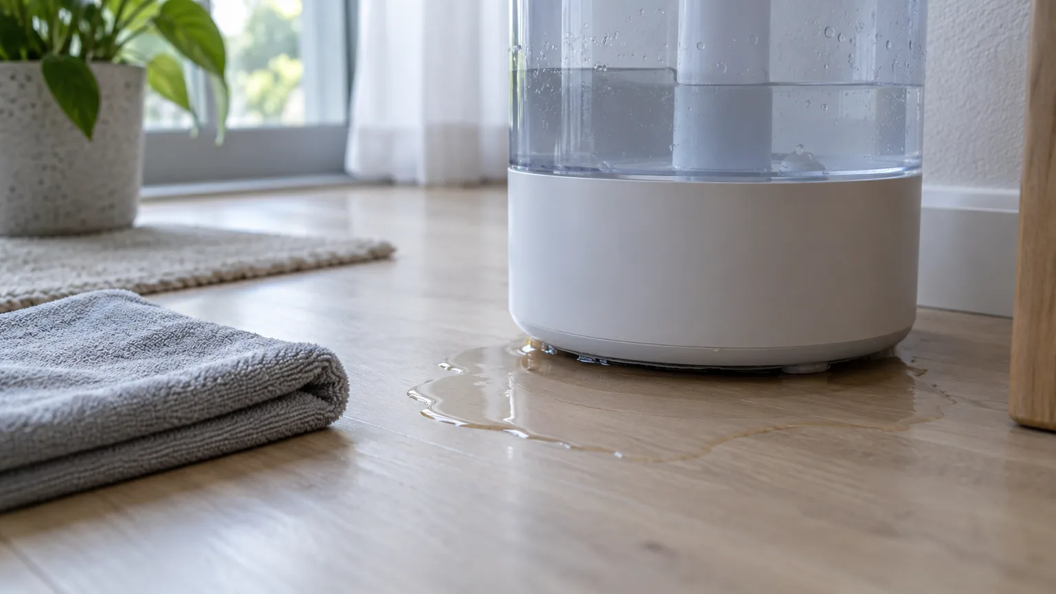 Illustrative a puddle of water pooling at the base of a top-fill humidifier on a wood floor, with a cloth nearby to wipe it up