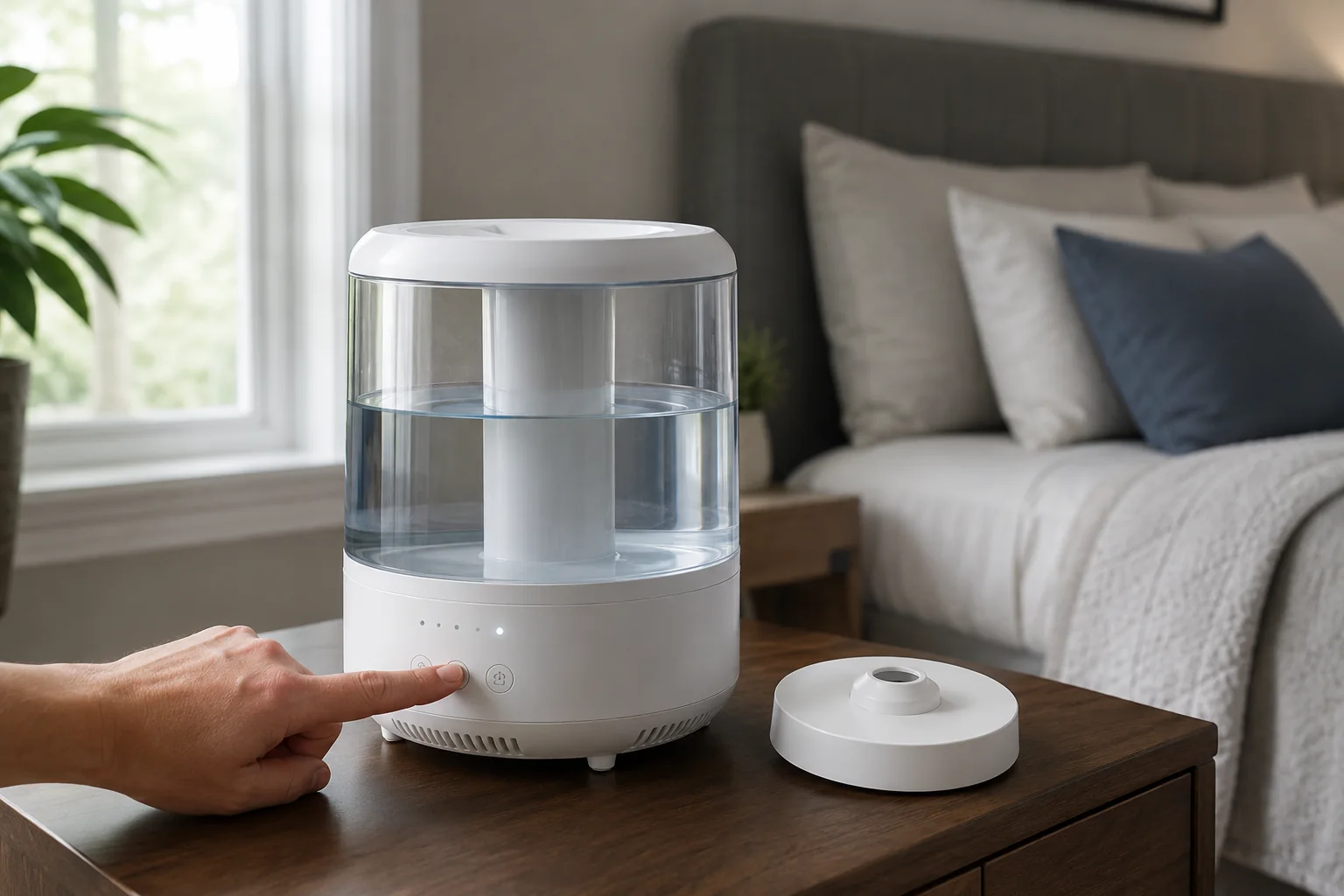Illustrative smart top-fill humidifier with adequate water while a manual mist control is selected and the top nozzle remains unobstructed