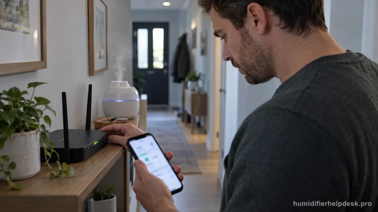 Illustrative person checking a home Wi-Fi router while holding a smartphone, with a humidifier visible nearby