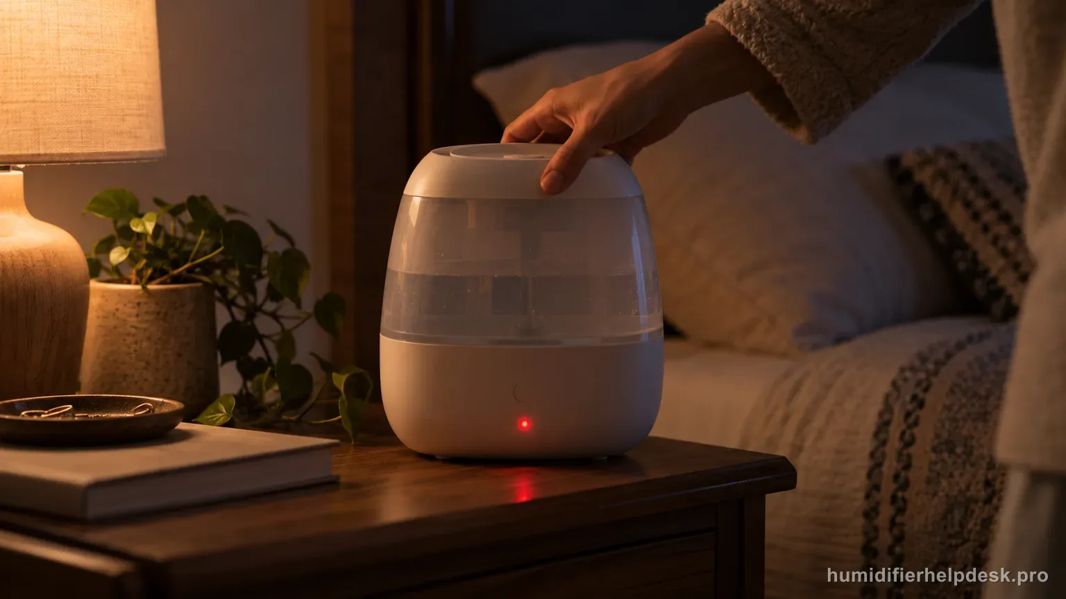 Illustrative rounded top-fill humidifier with a small red indicator light glowing near its base