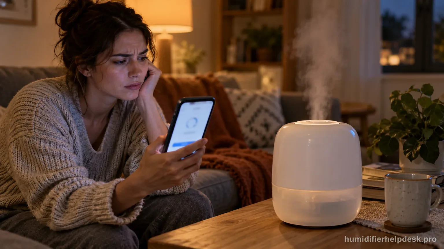 Illustrative person holding a smartphone with a blurred app screen near a rounded top-fill humidifier