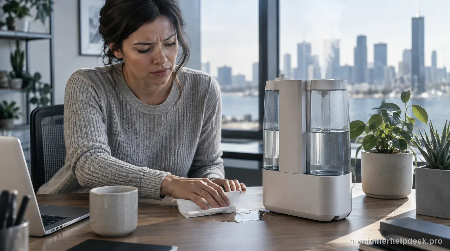 Illustrative small puddle of water at the base of a small dual-tank top-fill humidifier on a desk