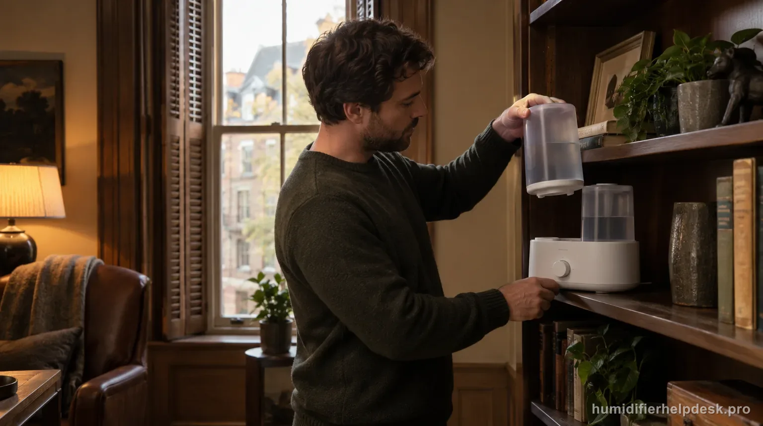 Illustrative person checking the two tanks of a small dual-tank top-fill humidifier on a bookshelf