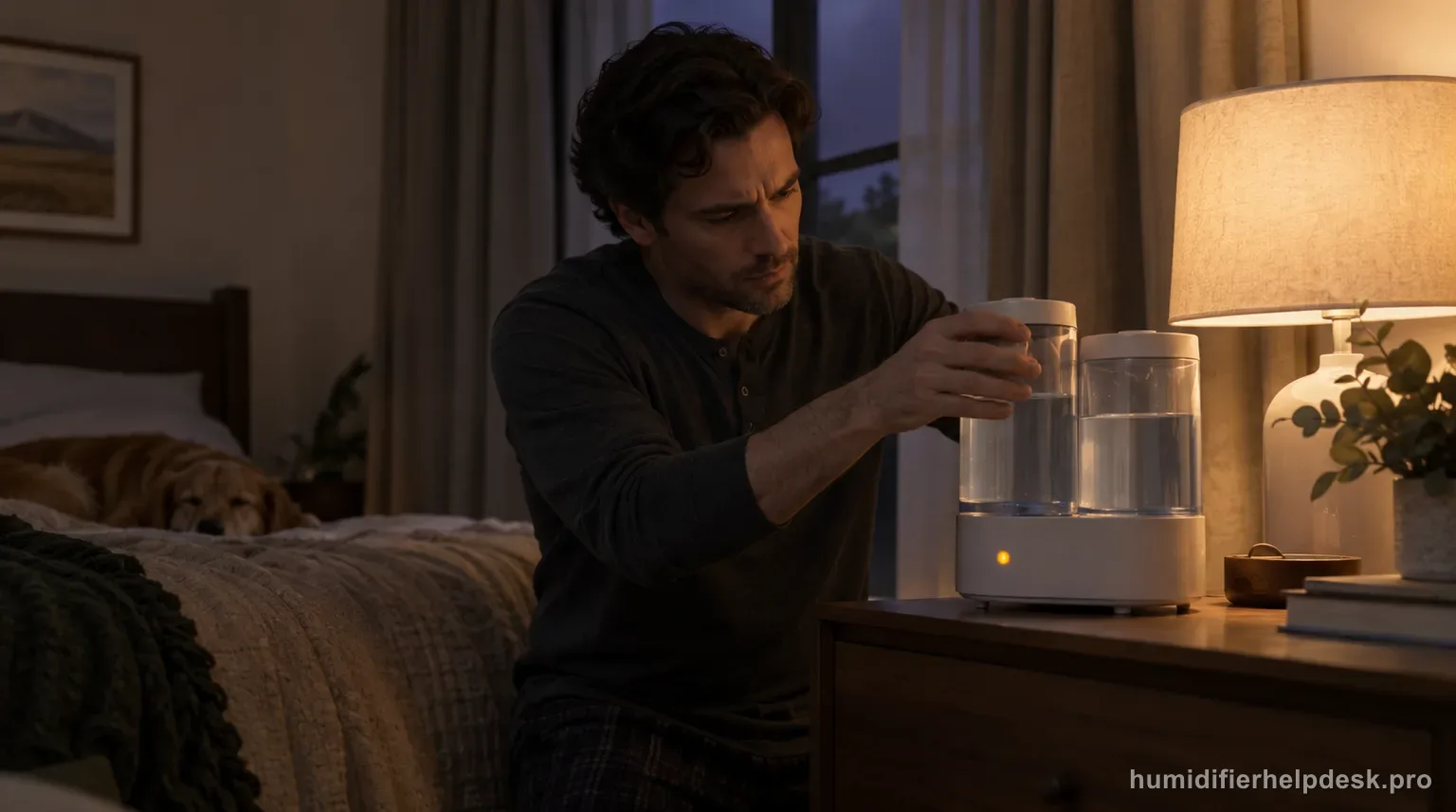 Illustrative person reseating one of two tanks on a small dual-tank top-fill humidifier while a small indicator light stays lit and the tanks are full