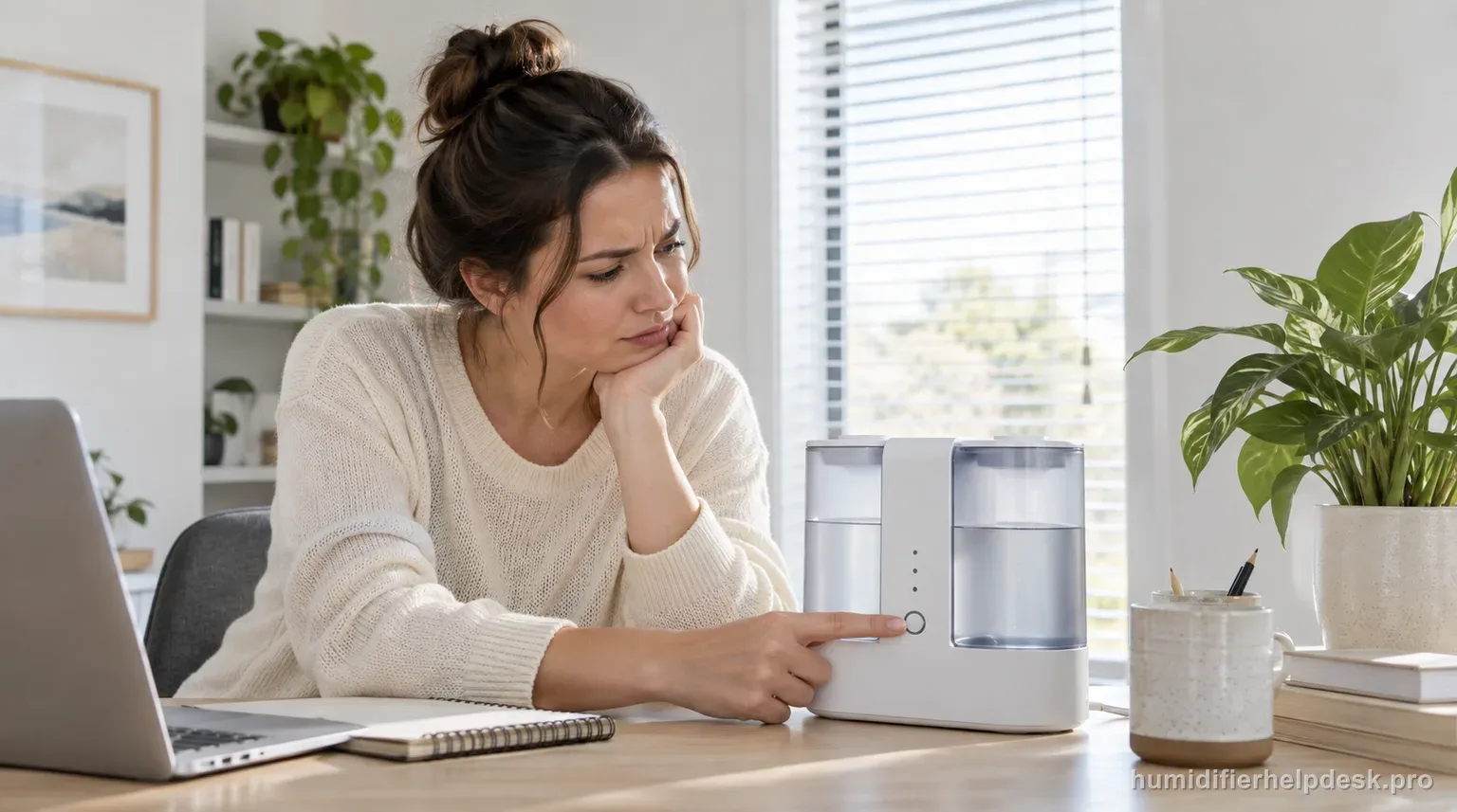 Illustrative person pressing a control button on a compact two-tank top-fill humidifier while checking the auto-mode setting