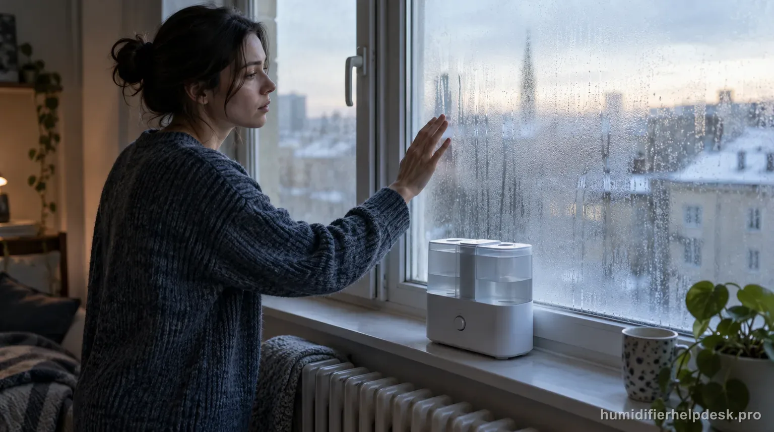 Illustrative person touching a fogged window beside a compact two-tank top-fill humidifier on a windowsill
