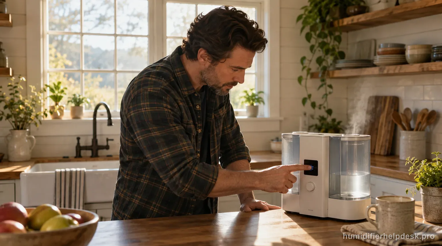 Illustrative person pointing at a small illuminated display on a compact two-tank top-fill humidifier