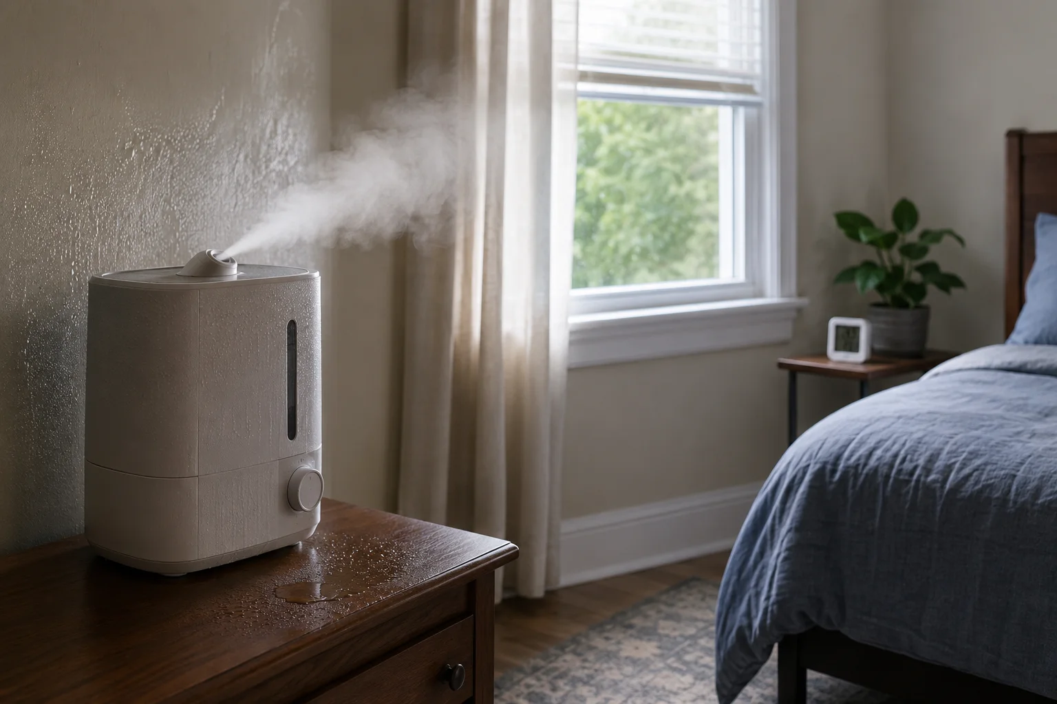Illustrative bedroom humidifier directing mist toward a nearby wall while a separate hygrometer sits farther across the room