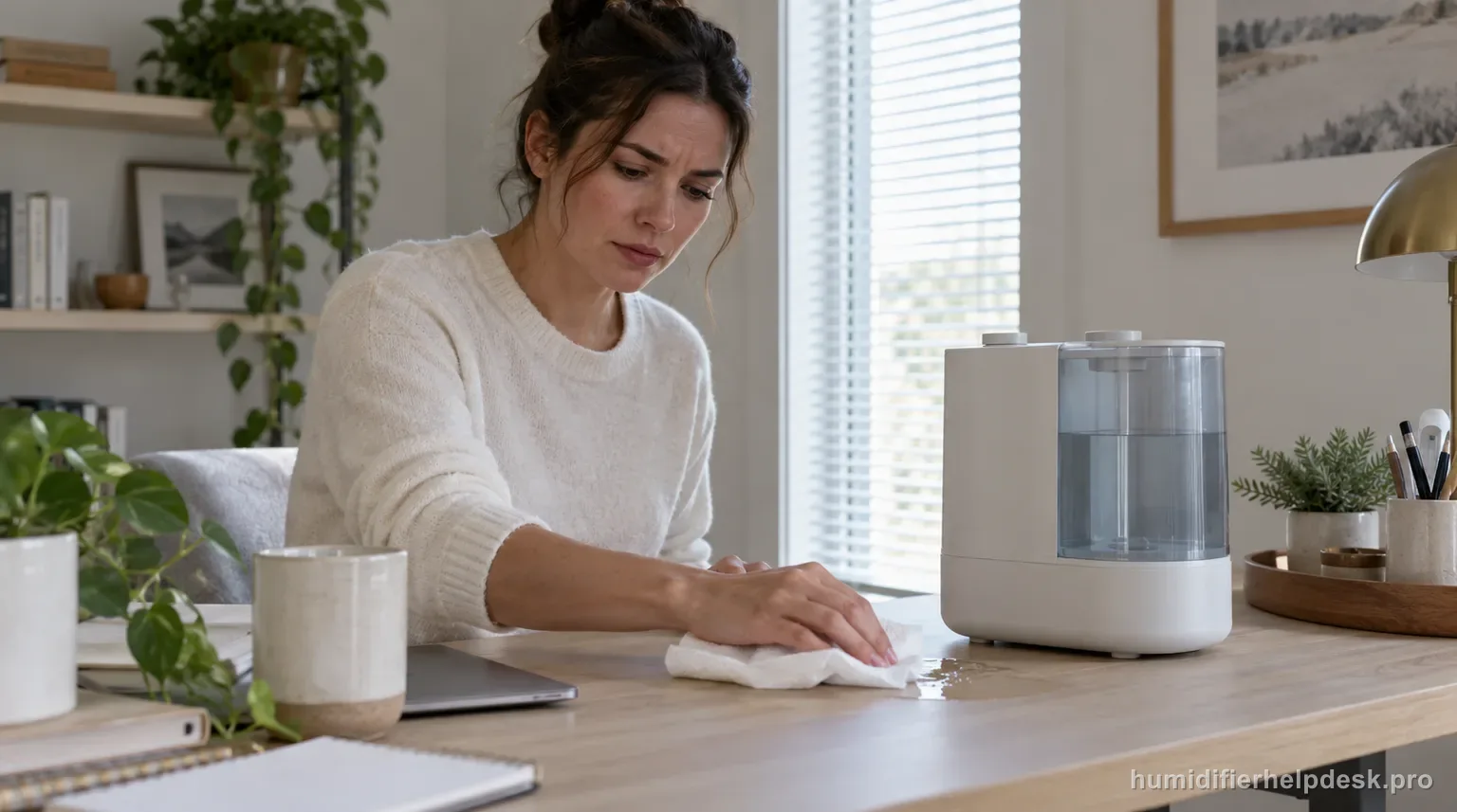 Illustrative small puddle of water at the base of a compact two-tank top-fill humidifier on a desk