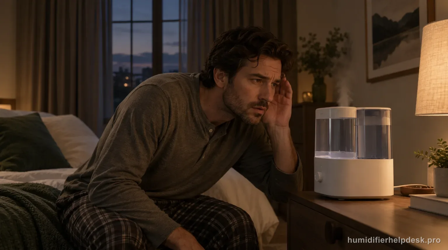 Illustrative person listening closely beside a compact two-tank top-fill humidifier on a bedside table
