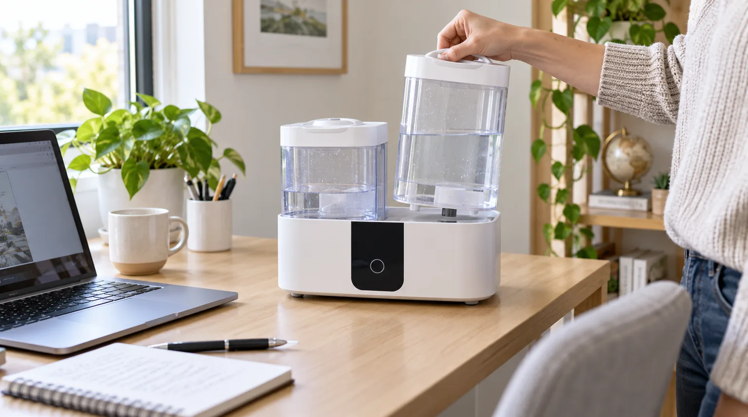 Illustrative a two-tank top-fill humidifier on a desk while a hand lifts one tank to check the water level