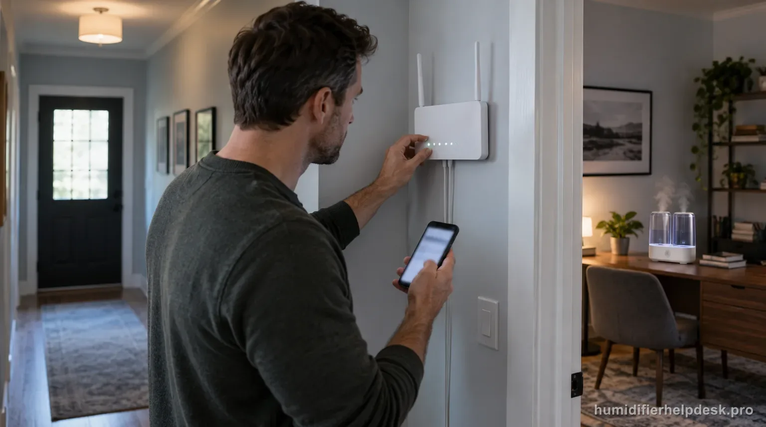 Illustrative person checking a wall-mounted home Wi-Fi router while holding a smartphone, with a two-tank humidifier visible nearby