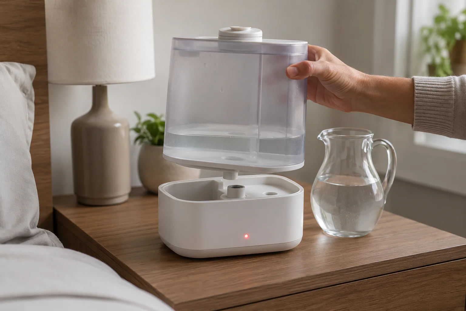 Illustrative top-fill humidifier with a low water level, red indicator, and tank being reseated