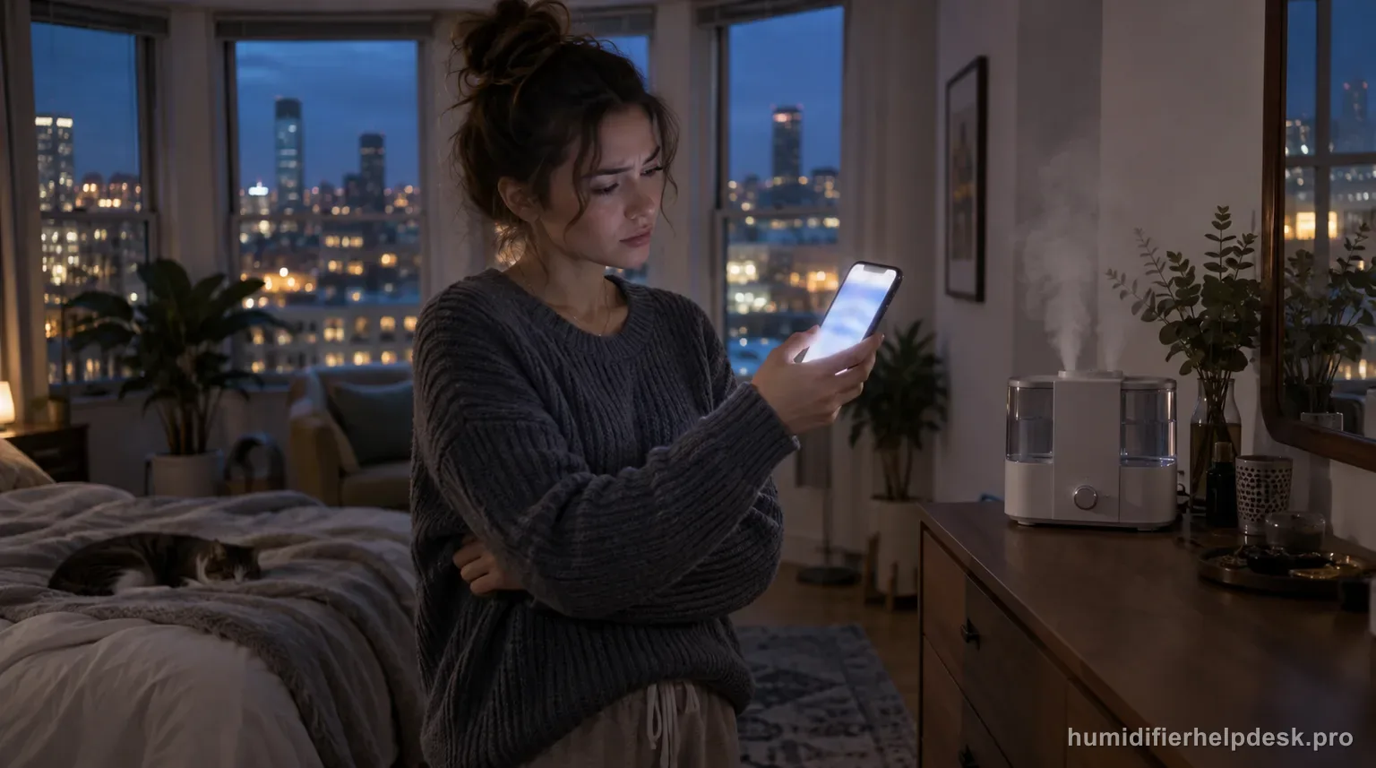 Illustrative person holding a smartphone with a blurred app screen near a compact two-tank top-fill humidifier
