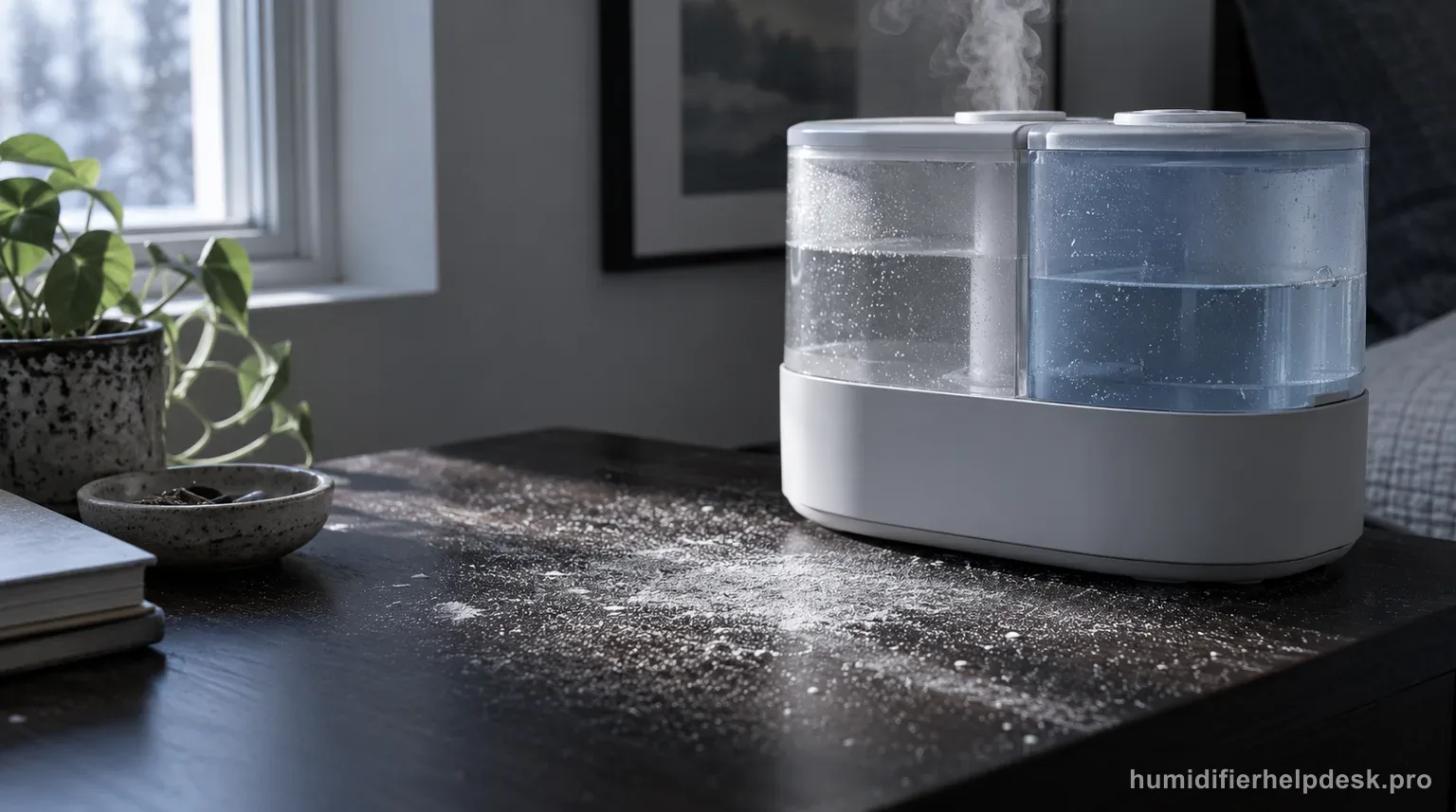 Illustrative fine layer of white mineral dust visible on a dark table beside a compact two-tank top-fill humidifier