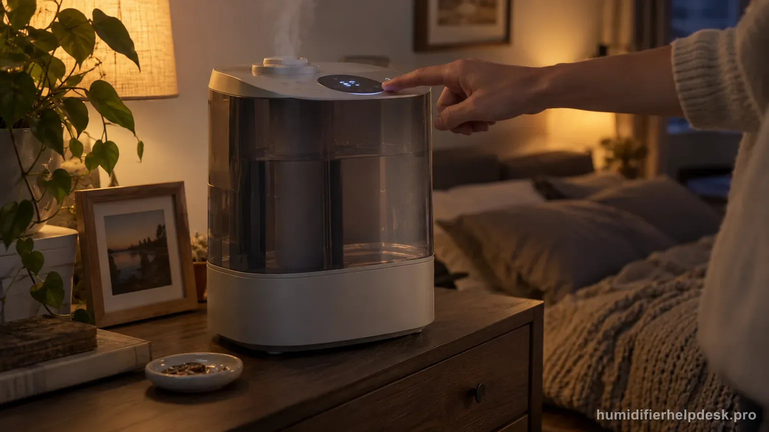 Illustrative hand pointing at a small illuminated display on top of a hybrid humidifier