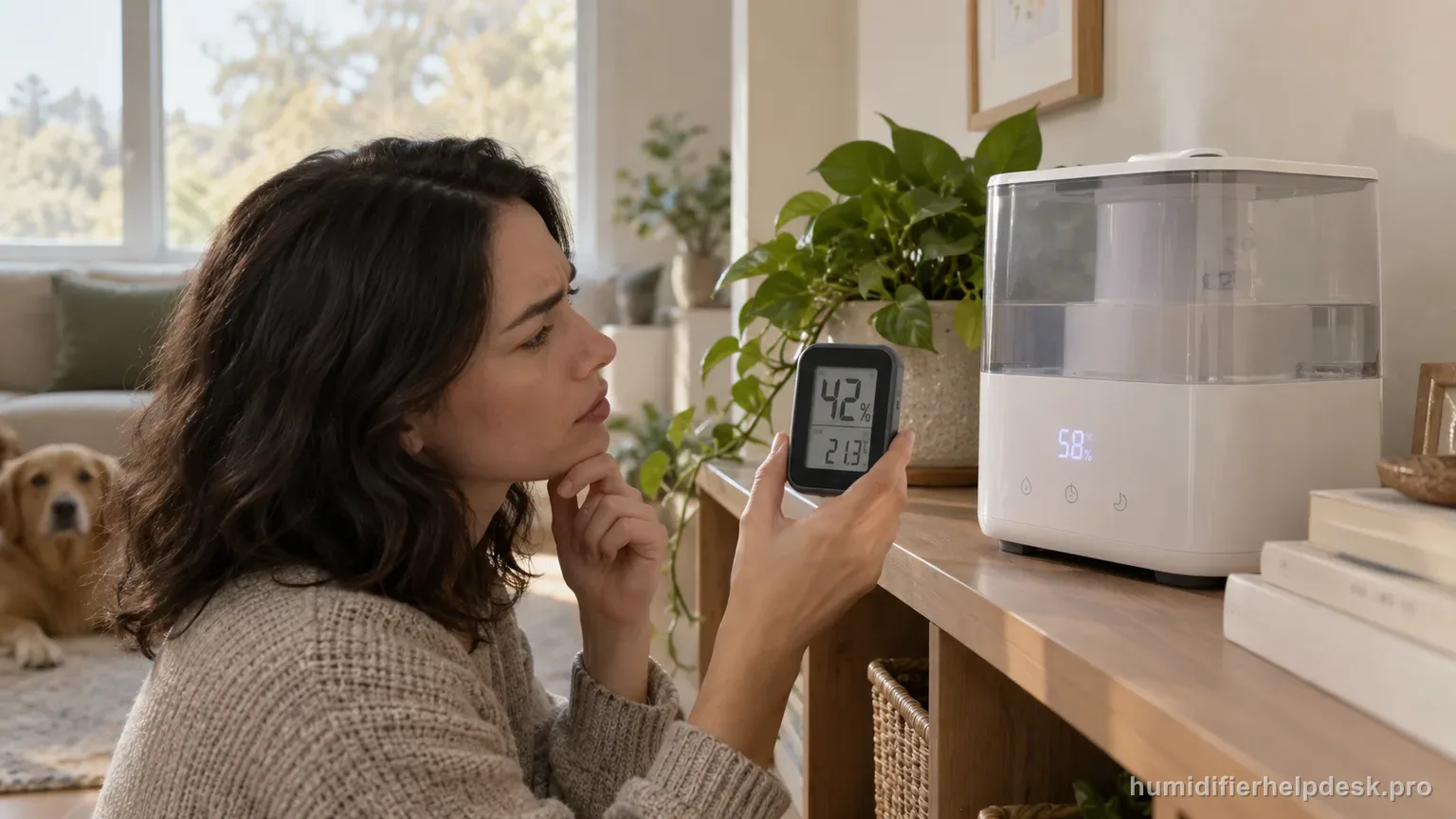 Illustrative handheld hygrometer held beside a hybrid humidifier to compare humidity readings