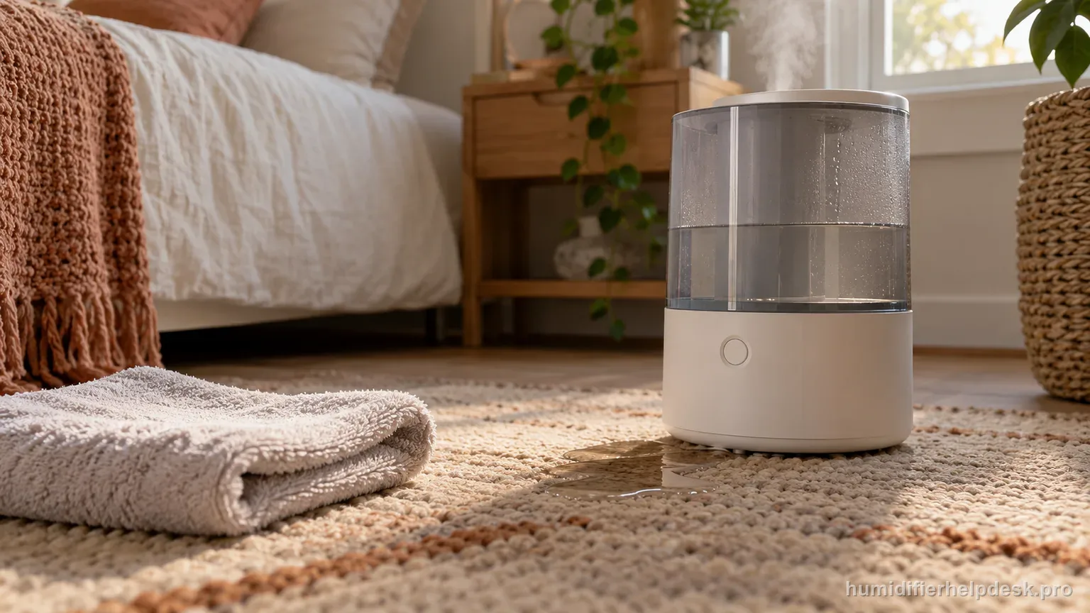 Illustrative small puddle of water at the base of a hybrid humidifier on a bedroom floor