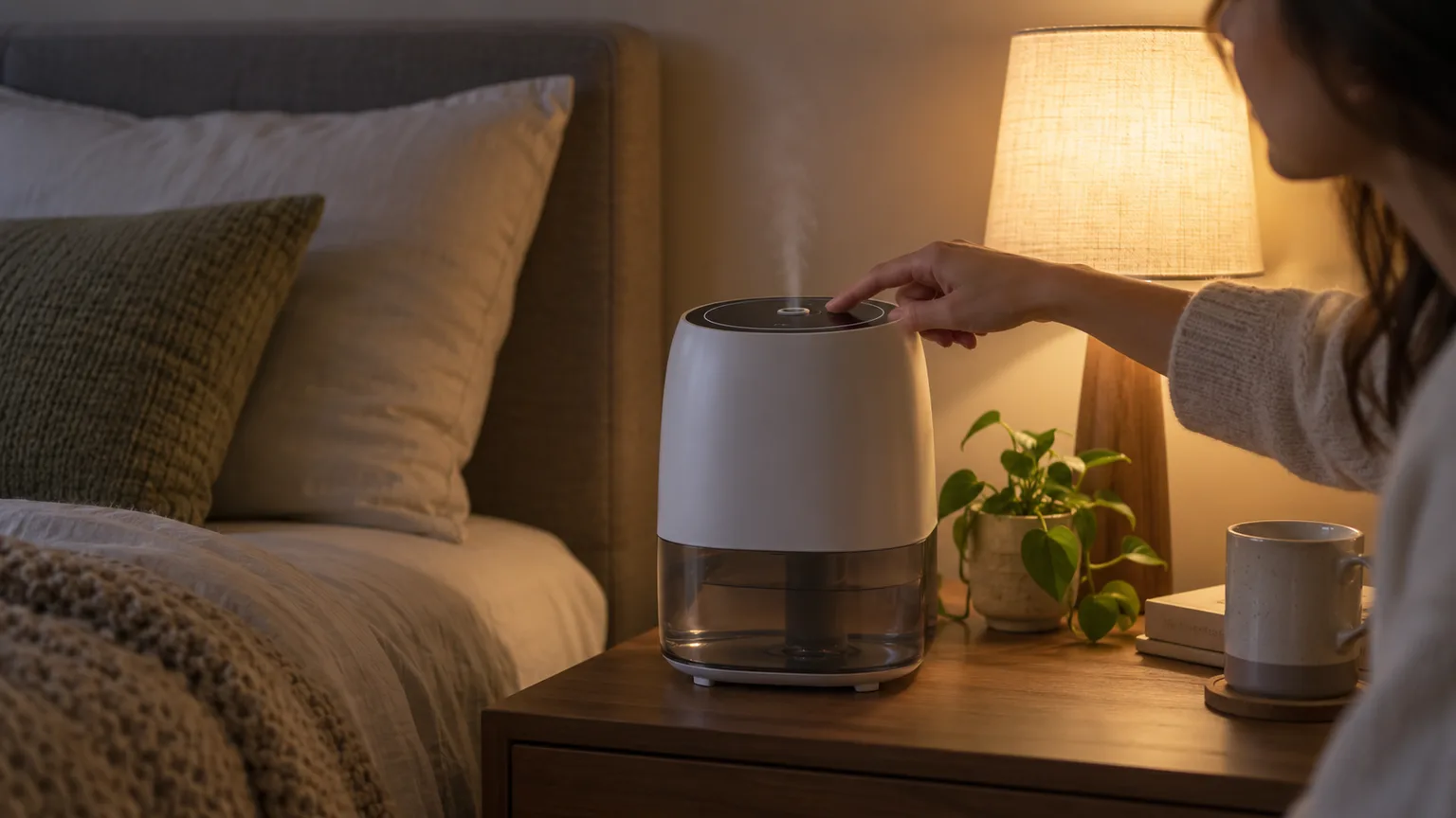 Illustrative a hybrid humidifier on a nightstand with a hand pressing the top display while checking for mist
