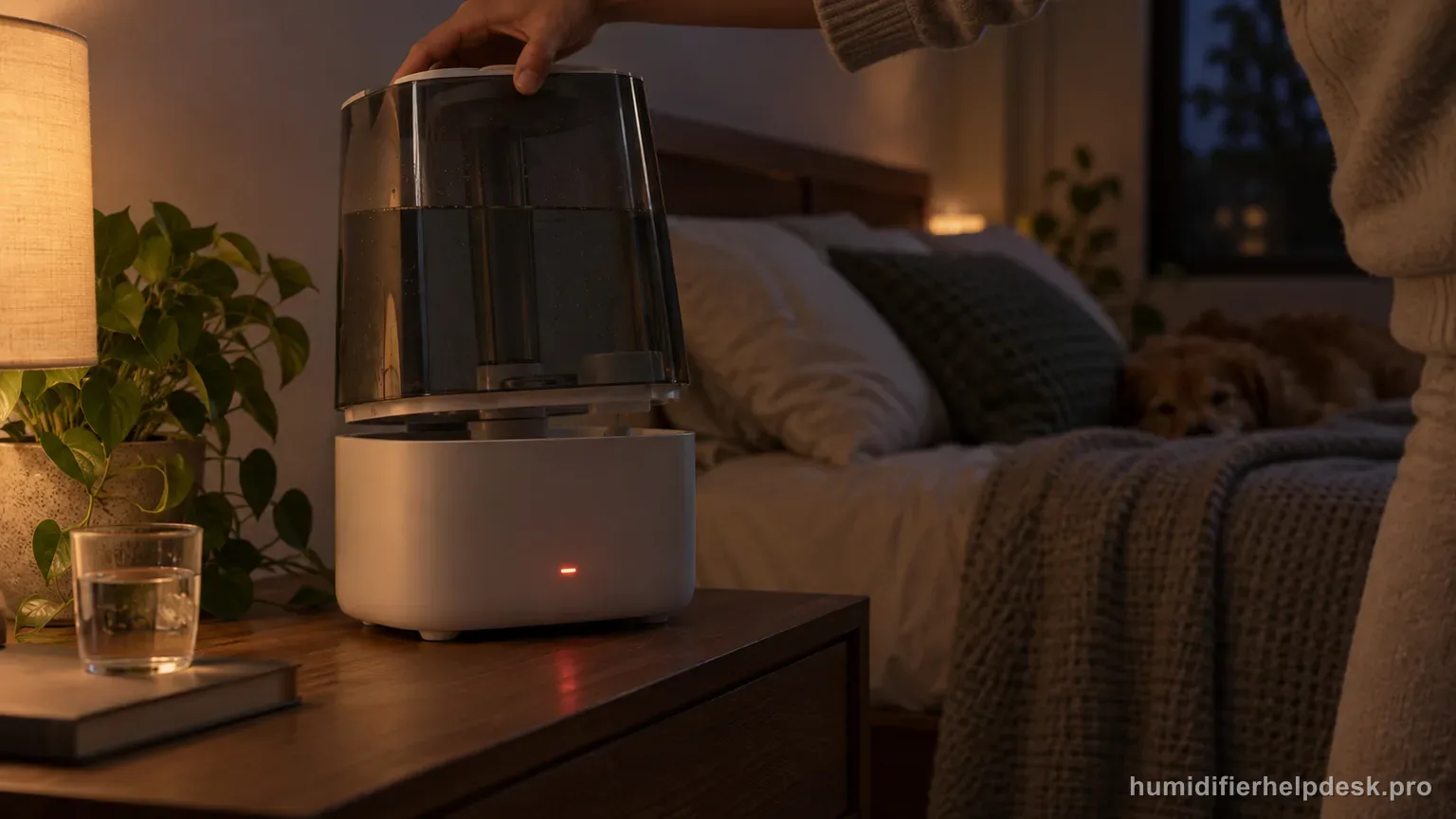 Illustrative hybrid humidifier with a small red indicator light glowing near its base