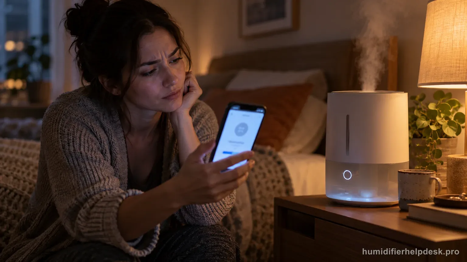 Illustrative person holding a smartphone with a blurred app screen near a hybrid humidifier on a nightstand