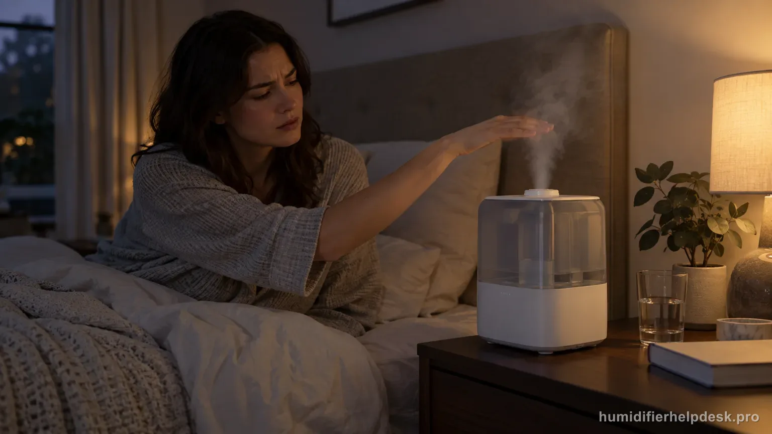Illustrative hand hovering above the mist nozzle of a hybrid humidifier to check mist temperature