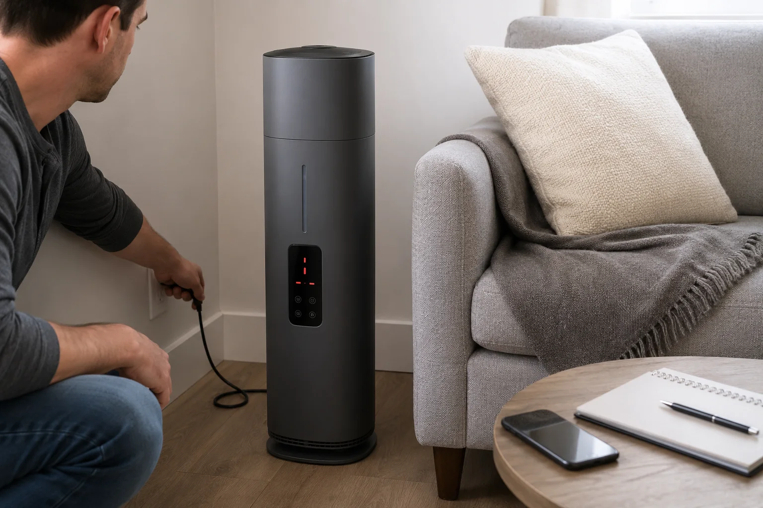 Illustrative tower humidifier in a fault state while the owner prepares to unplug it
