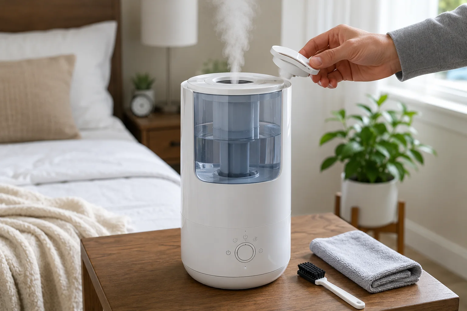 Illustrative tower humidifier with water in the tank while the top nozzle is being checked for weak mist output