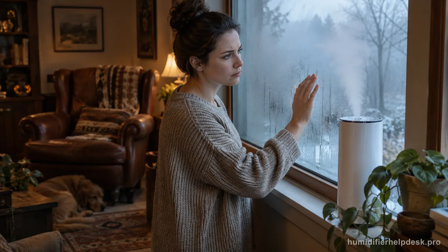 Illustrative person touching a fogged window beside a tall cylindrical smart humidifier on a windowsill