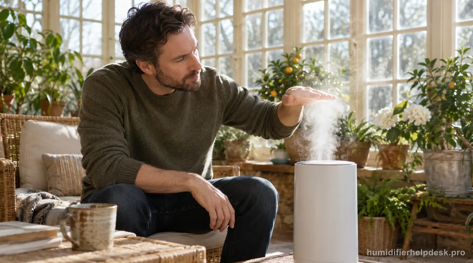 Illustrative person holding the back of a hand near the mist of a tall cylindrical smart humidifier in a sunroom