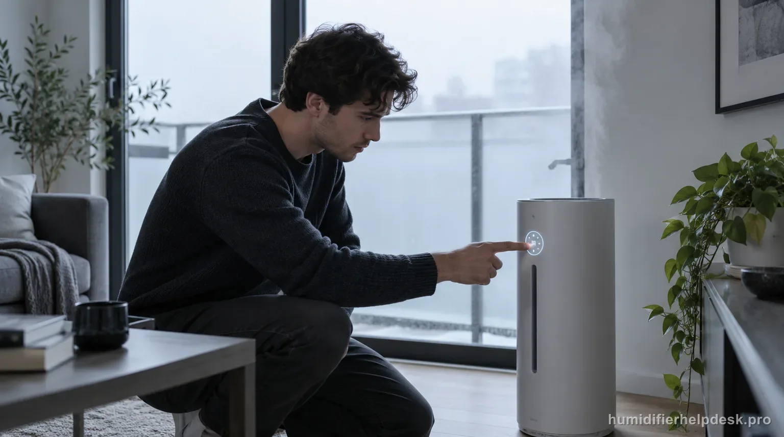 Illustrative person pointing at a small illuminated display on a tall cylindrical smart humidifier